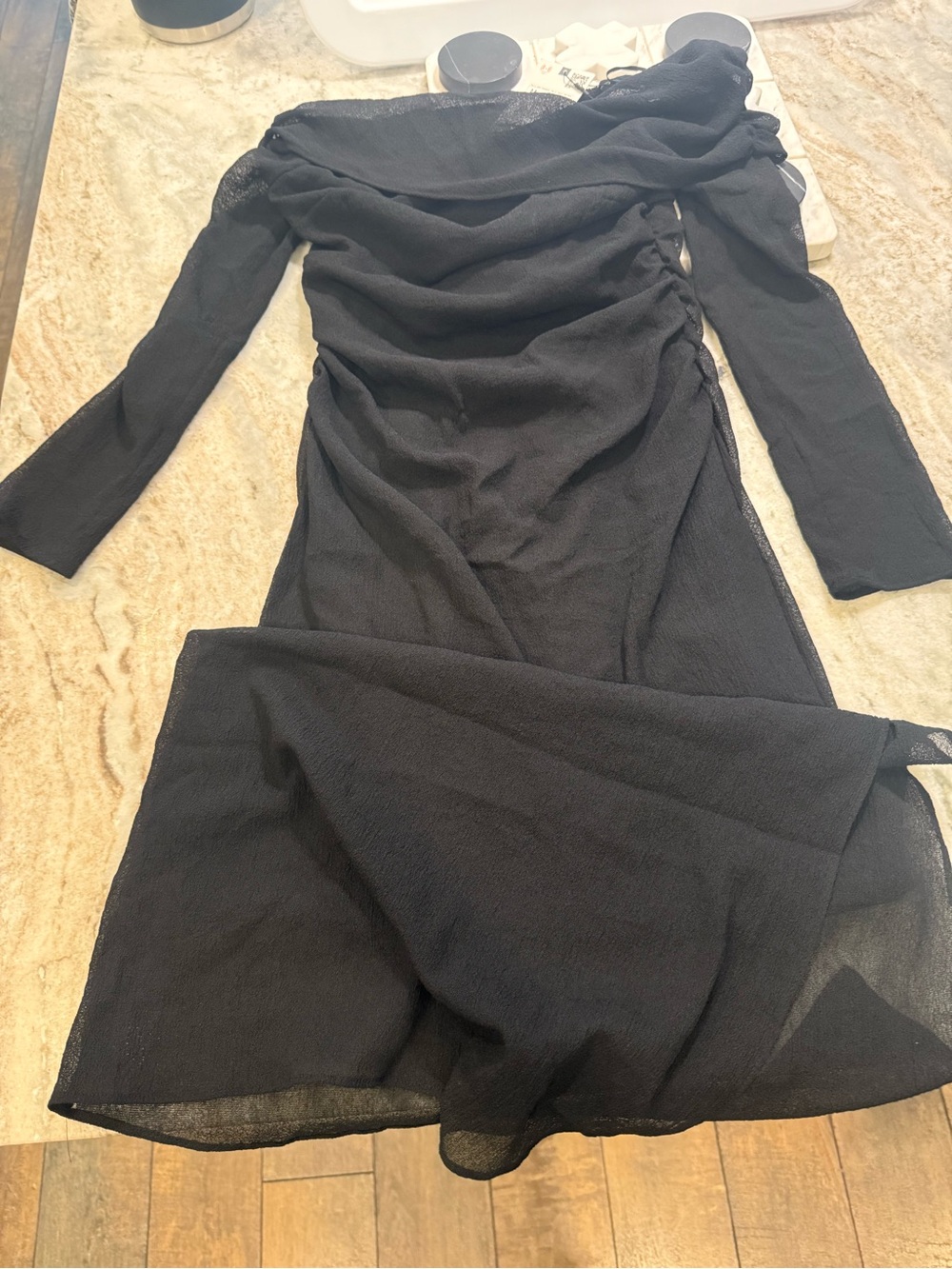 Zara Black Long-Sleeve Ruched Midi Dress NWT medium